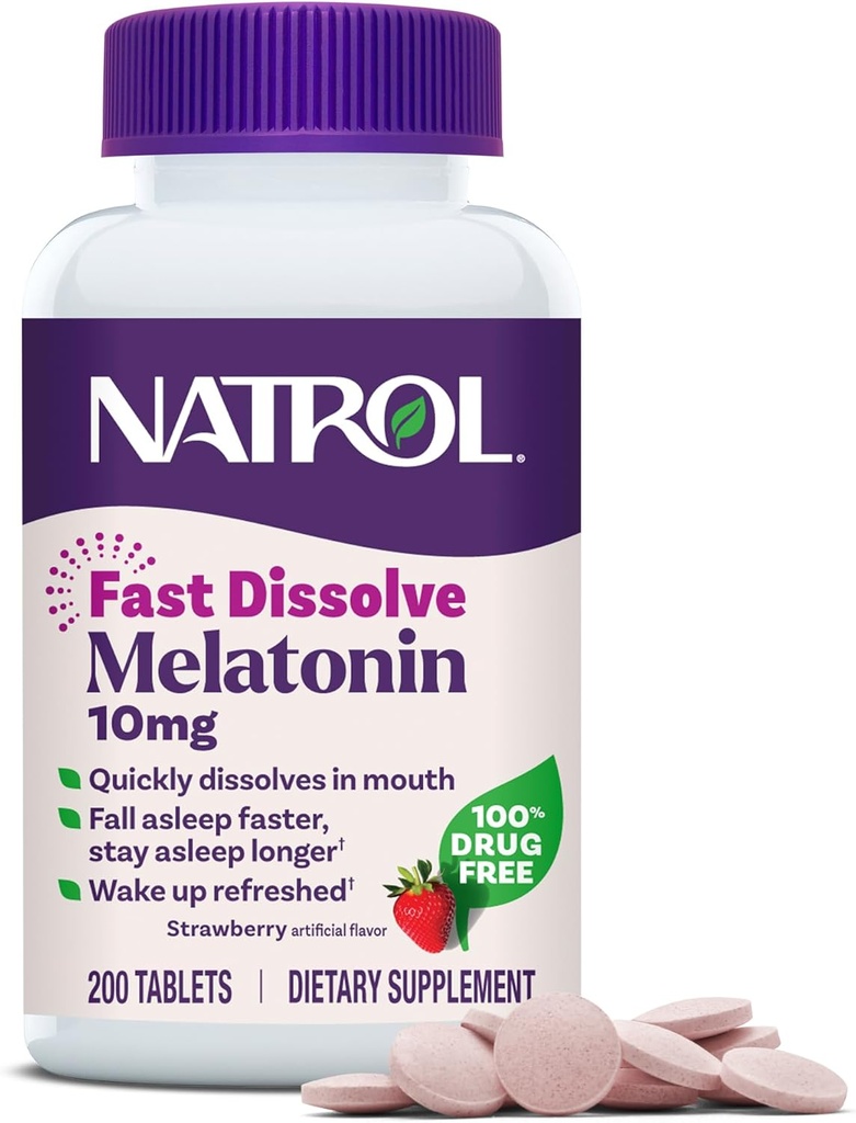 Natrol Fast Dissolve Melatonin 10 mg, Melatonina Suplementos para el sueño reparador, Apoyo al sueño para adultos, 200 tabletas de sabor a fresa, hasta un suministro de 200 días