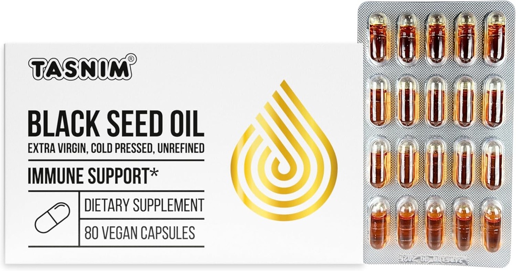 Tasnim Black Seed Oil Organic Cold Pressed Capsules 100% puro Cold-Presed Black Cumin Seed Oil Nigella Sativa para Immune Support, Joint Comfort y Vitality
