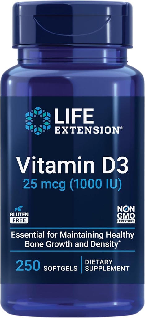 Extensión de la vida Vitamina D3 25 mcg (1000 UI), Soporte de sistema inmunológico, salud ósea, salud integral, tamaño de valor, libre de gluten, no GMO, 250 softgels