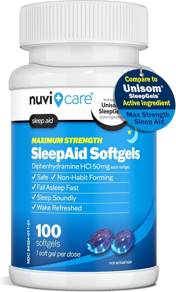 Máximo esfuerzo SleepAid Soft Gels - Ayuda para dormir de noche con Diphenhydramine HCl 50mg - Non Habit Forming Sleeping Pills for Adults - Extra Strong OTC Sleep Aids for Adults (100 Conde)