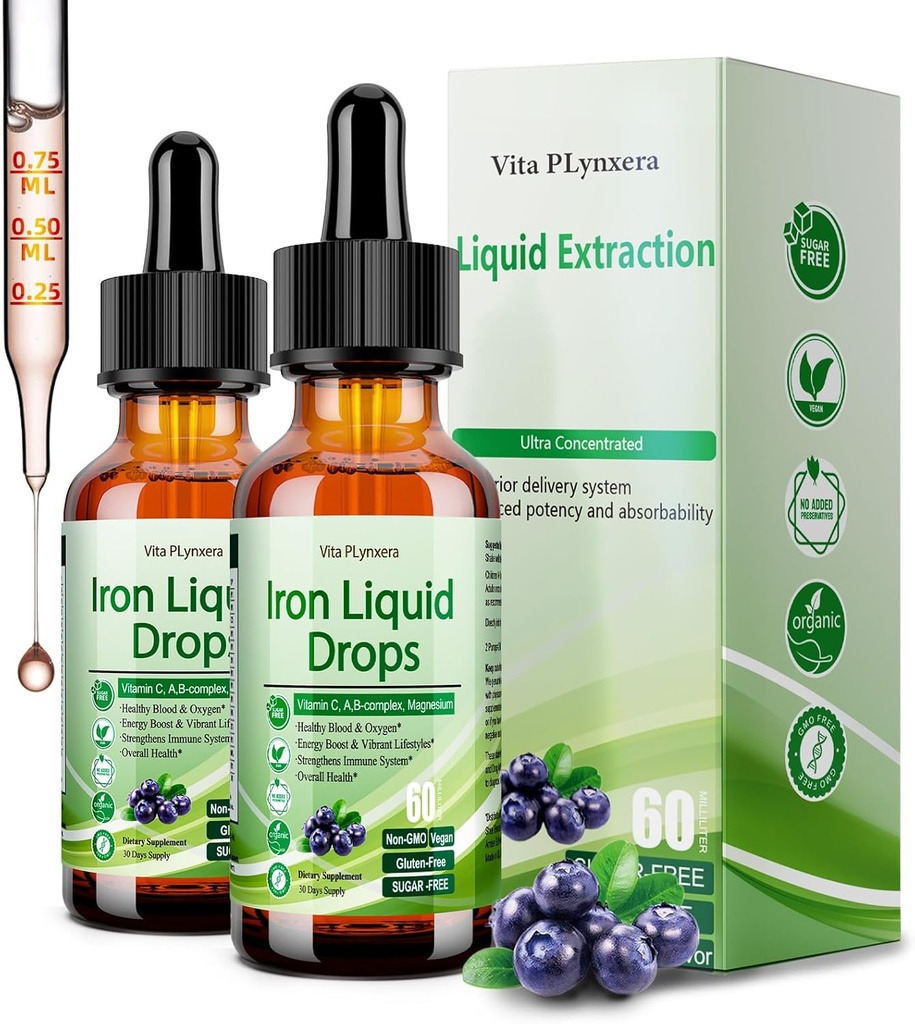 2 Pack Liquid Iron Suplemento para Mujer Hombres &amp; Niños, Vegan Iron Drops with Vitamin C D, B12, B-Complex, High Potency Liquid with Multivitamin for Anemia, Energy Support, Magnesium Iron Gentle