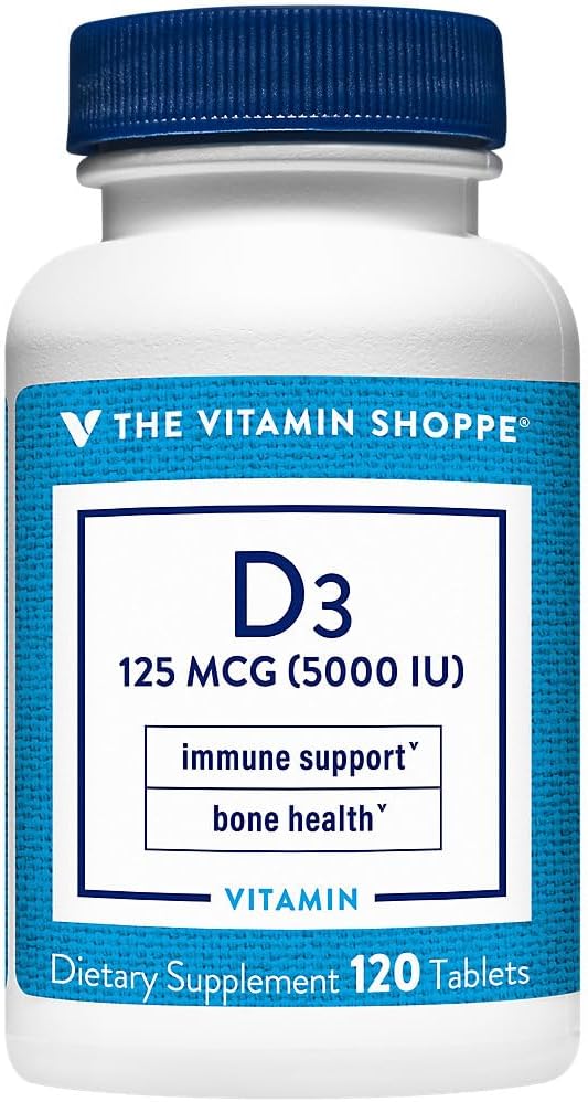 The Vitamin Shoppe Vitamin D3 5000IU Softgel, Supports Bone & Immune Health, Aids in Cellular Growth & Calcium Absorption, Gluten Free & Once Daily Formula (120 Tablets)