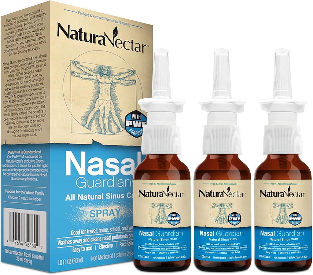 NaturaNectar Bee Propolis Nasal Spray Saline Sinus Rinse &amp; Relief ¦ Pure Brazilian Propolis < Ingredients > No Burning Sensation ← Nasal Guardian  Ethical Beekeeping ← 1 FL Oz Silencio 3 Pack