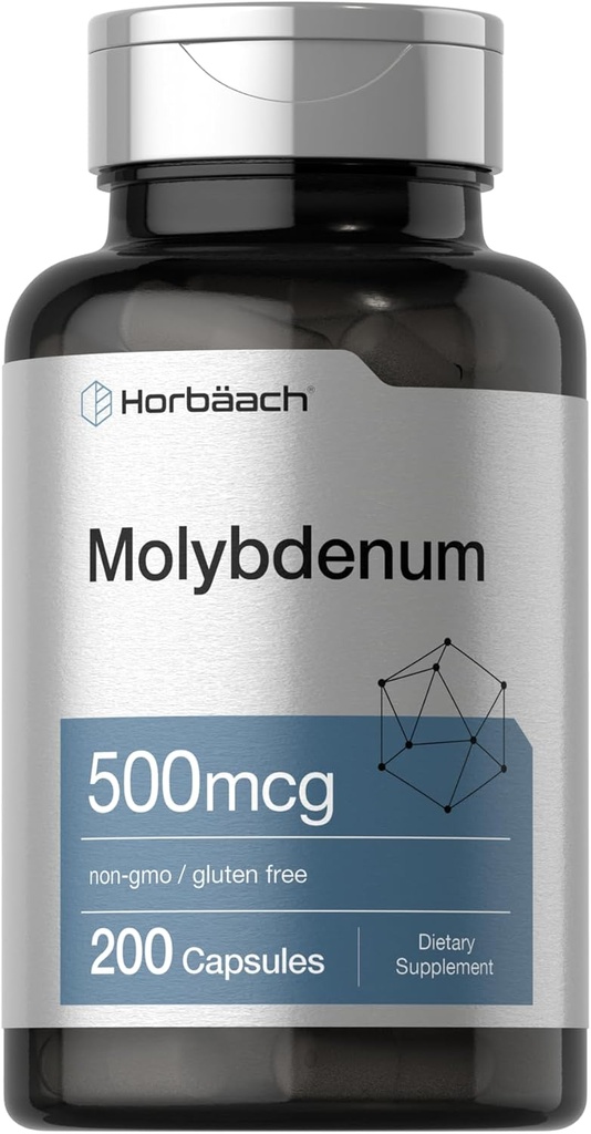 Horbaach Molybdenum Supplement | 500mcg | 200 Capsules | Amino Acid Chelate | Non-GMO, Gluten Free