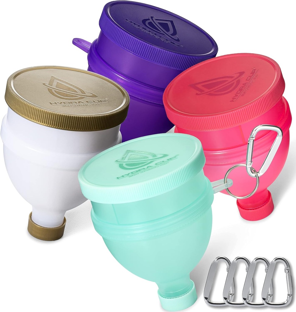 Copa Hydra [4 Embalajes para llenar botellas de agua con pólvora Protein, 3 almacenamiento de píldoras, contenedor de suplementos Set para ir o usar la cocina, llavero para la taza de Shaker