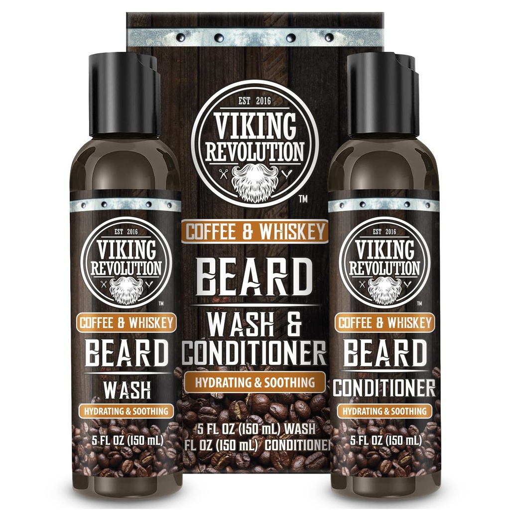Vikingo Revolucion Beard Wash and Beard Acondicionador para Hombres con Aceite de Argán y Oleo Jojoba Softener y Refuerzo Cuidado de barba Champú y Acondicionador con Ginseng Root(5oz,Coffee Whiskey)