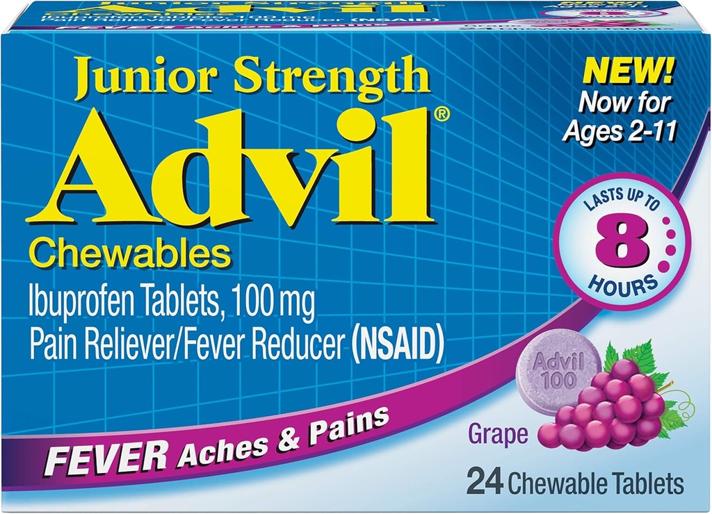 Advil Junior Chewable Ibuprofen Tablets, Grape 100mg, 24 Tablets Cada (Pack of 6)
