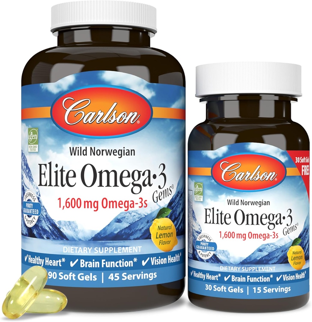 Carlson - Elite Omega-3 Gems,1600 mg Omega-3 Fatty Acids Including EPA and DHA,Norwegian, Wild-Caught fish oil Supplement,Sustainably Sourced Capsules, Lemon, 90+30 Softgels