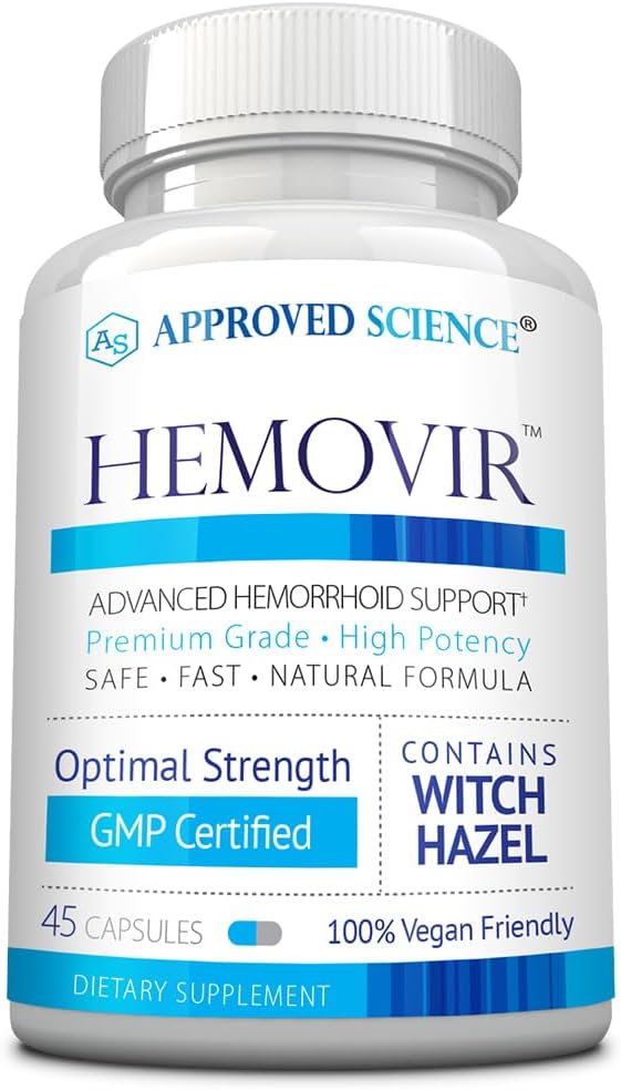 Hemovir de la ciencia aprobada - Suplemento de soporte de hemorroides - Hazel de brujas, Castaña de caballo - 45 cápsulas - 1 botella - Vegan