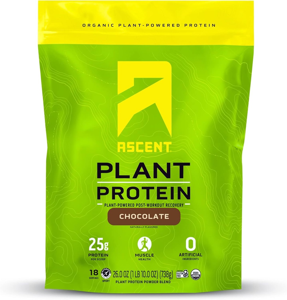 Ascent Plant Based Protein Powder - Non Dairy Vegan Protein, Zero Artificial Ingredients, Soy &amp; Gluten Gratis, No Añadido Sugar, 4g BCAA, 2g Leucine - Chocolate, 18 Servings