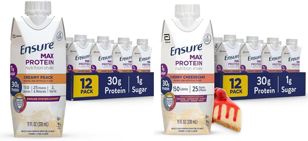 Asegurar Max Protein Nutrición Shake con 30g Proteína, 1g Azúcar, Alta Proteína Shake, Cremy Peach y Cherry Cheesecake Variedad Pack, 11 fl oz, Pack de 12