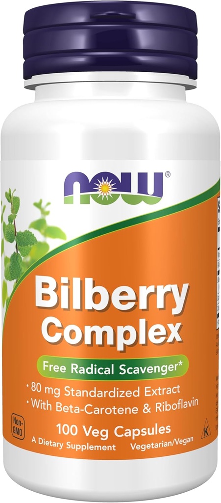 AHORA Suplementos de alimentos, Bilberry (Vaccinium myrtillus)Complejo 80 mg con Beta-Carotene & Riboflavin, 100 cápsulas de verduras