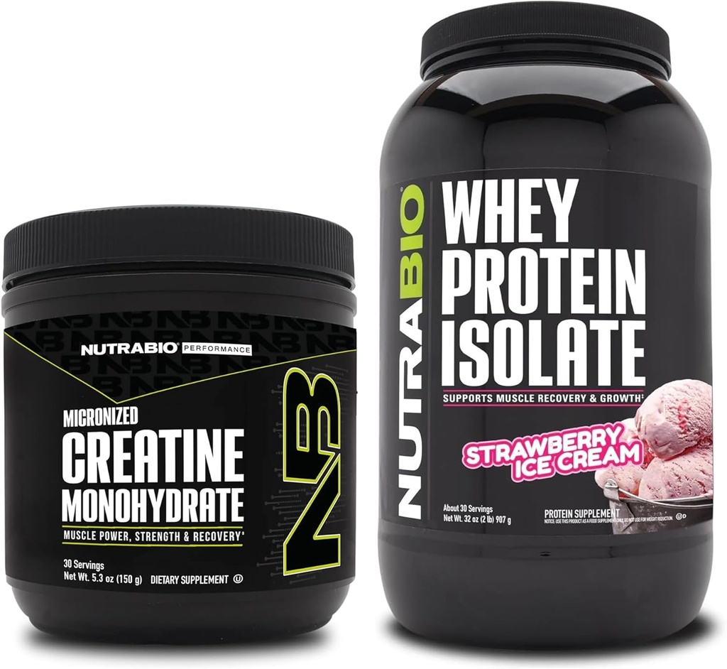 NutraBio Creatine Monohydrate, Unflavored, 150g y Whey Protein Isolate, Strawberry Ice Cream, Suplemento Bundle - Muscle Energy, Lean Muscle Growth, Recovery, and Strength