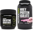 NutraBio Creatine Monohydrate, Unflavored, 150g y Whey Protein Isolate, Strawberry Ice Cream, Suplemento Bundle - Muscle Energy, Lean Muscle Growth, Recovery, and Strength