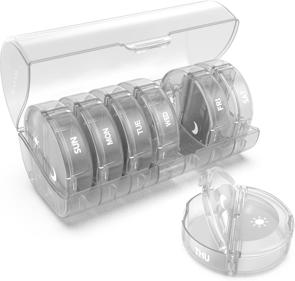 Organizador semanal de píldoras 7 días 2 veces al día, Sukuos gran caja de carga de viaje para píldoras/Vitamin/Fish Oil/Supplements, Daily Medicine Organizer Box, BPA Free Pill Case, Easy to Clean