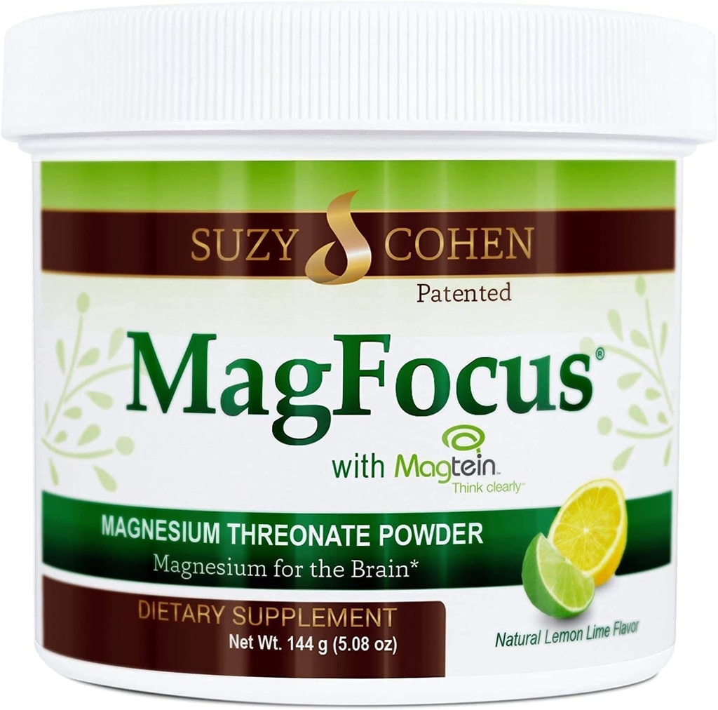 Suzy Cohen MagFocus Magnesium Threonate Powder Dietary Suplemento 200mg, Healthy Nerve, Support Cognition, Energy, Bone Health, Stevia, Lemon Flavor, 60 Servings