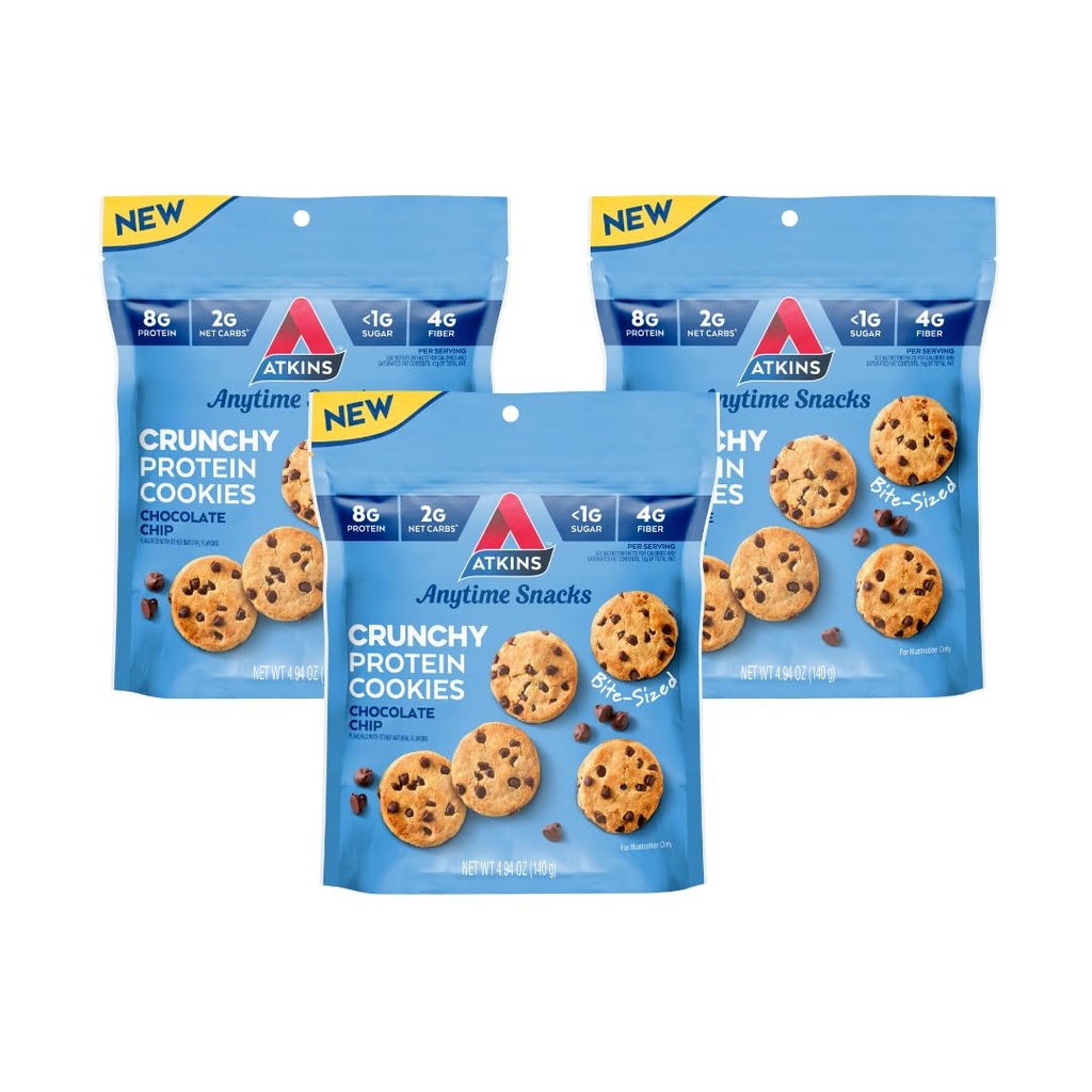 Atkins Bite-Sized Crunchy Protein Cookies, Chocolate Chip, 8g Protein, 4g Fiber, 1g Net Carb, 1g Sugar, Keto Friendly, 3 Bolsas (5 Servimientos Por Bolsa)