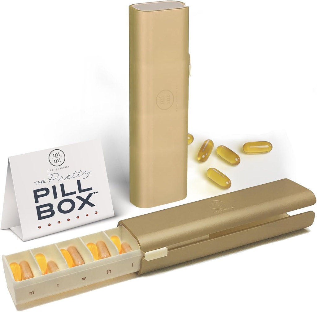 Pretty Pill Box Set - Stylish, Compact Daily Pill Organizer, Medication Pill Case, Pill Container for Vitamin Management, Pill Holder, Travel Essentials for Women & Men - Champagne
