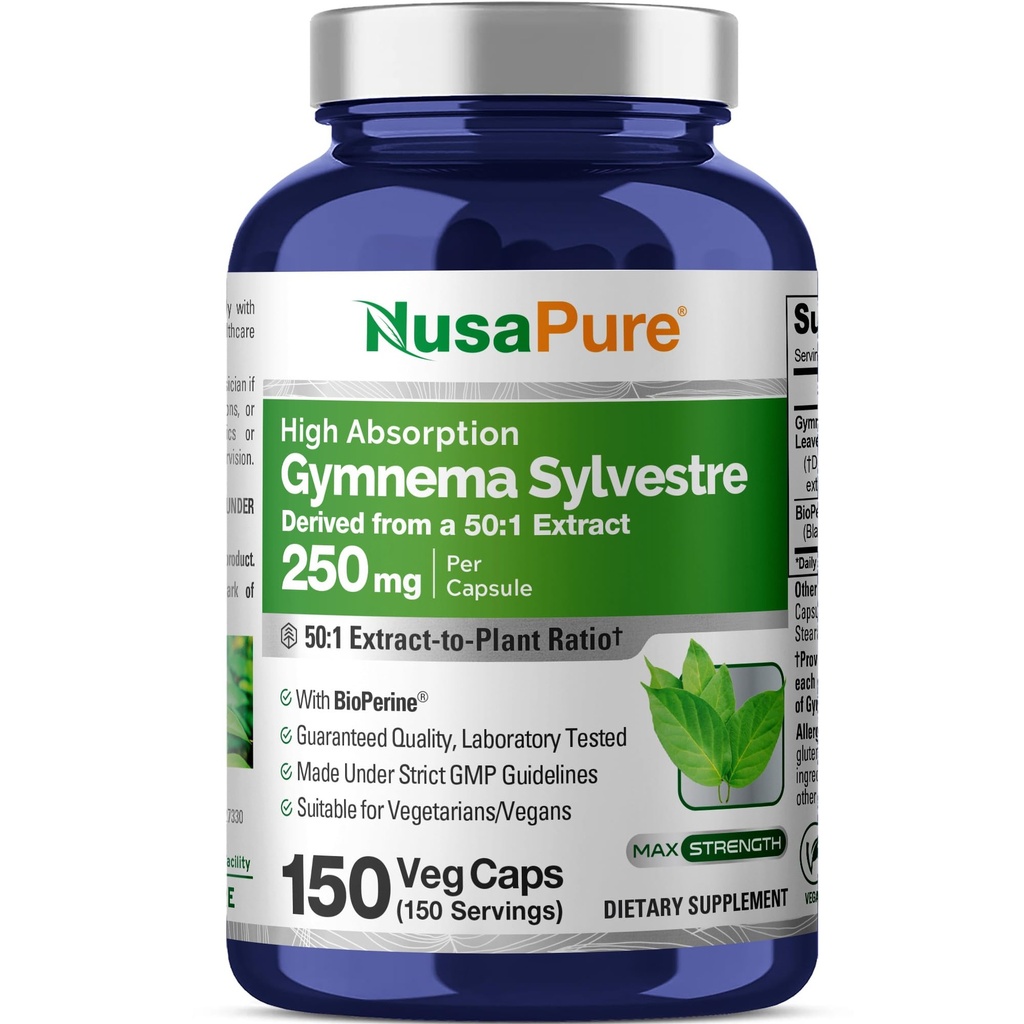 NusaPure Gymnema Sylvestre 50:1 Extracto, 250 mg Equivalente a 12.500mg Por Vegan Caps - 150 Conde (No-GMO, Vegan, Bioperina)