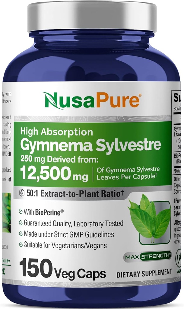 NusaPure Gymnema Sylvestre 50:1 Extracto, 250 mg Equivalente a 12.500mg Por Vegan Caps - 150 Conde (No-GMO, Vegan, Bioperina)