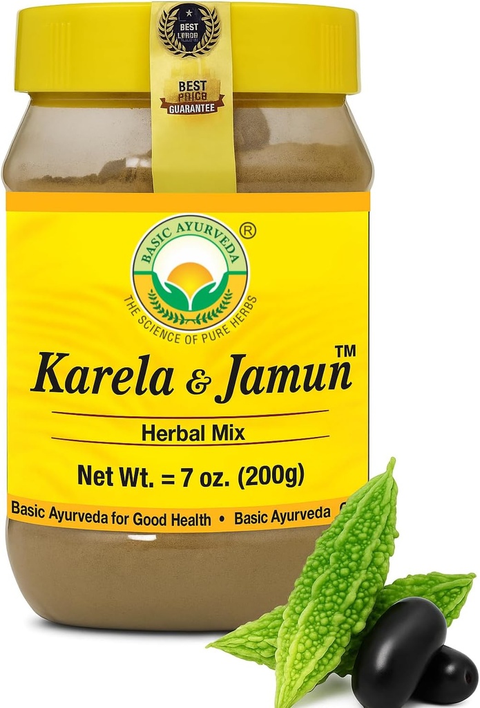 BASIC AYURVEDA Karela " Jamun Herbal Mix Powder ← Tradicional Bitter Gourd " Indio BlackBerry Blend ← Natural Plant-Based Suplemento para la rutina diaria " Lifestyle Support latitud 7.05 Oz (200g)