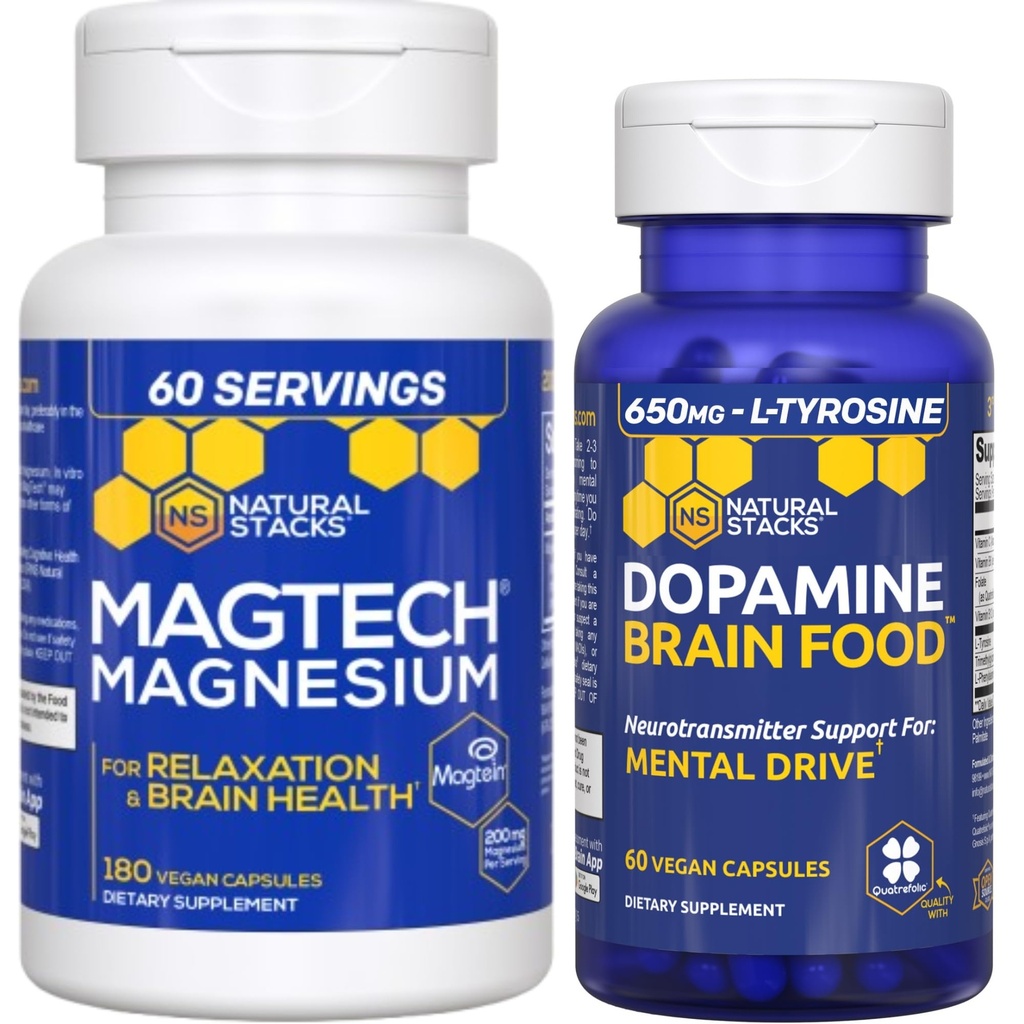 NATURAL STACKS Dopamine Brain Food + Magtech Magnesium Supplement Bundle - Supports Focus, Relax & Memory* - 240 cápsulas totales