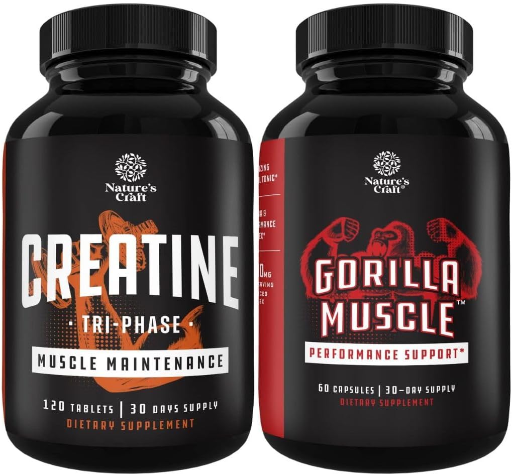 Bundle of Tri Phase Creatine Pills 5g y Extra Strength Test Booster para Hombre - Muscle Mass Gainer y Muscle Recovery Creatine HCL Pyruvate - Natural Energy Supplement with Horny Goat Weed