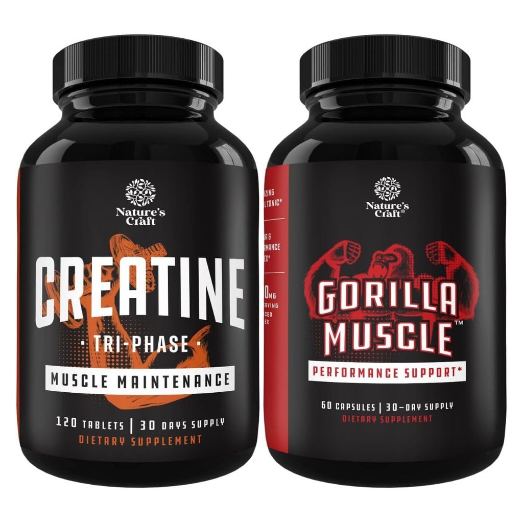 Bundle of Tri Phase Creatine Pills 5g y Extra Strength Test Booster para Hombre - Muscle Mass Gainer y Muscle Recovery Creatine HCL Pyruvate - Natural Energy Supplement with Horny Goat Weed