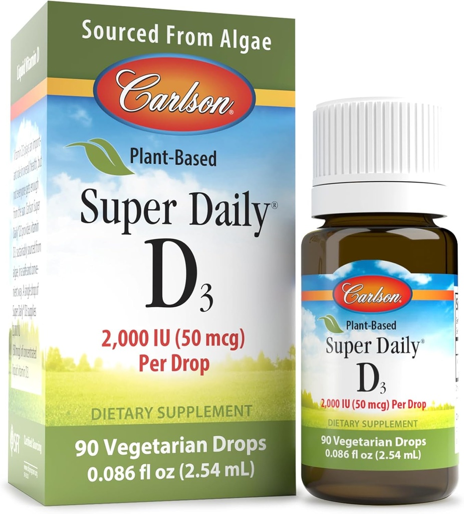 Carlson - Super Daily D3 2000 UI de base vegetal (50 mcg) por gota, gotas de vitamina D vegetariana, vitamina D líquida, provenientes de Algae, Desflavorada, 90 gotas (2,54 mL)