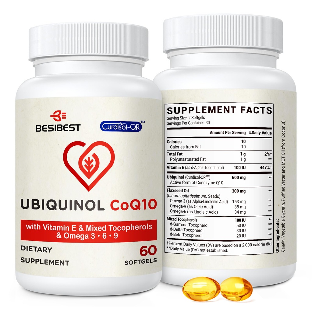 Ubiquinol CoQ10-600mg-Softgel, Active Coq10 Ubiquinol Suplemento con Vitamina E &amp; Omega 3, 6, 9, High Absorption-Coenzyme-Q10, Powerful Antioxidant for Energy Production, Tested, 60 Con