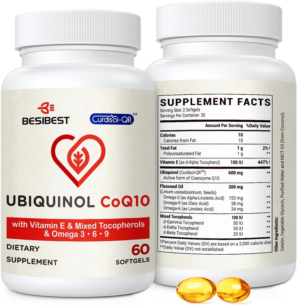 Ubiquinol CoQ10-600mg-Softgel, Active Coq10 Ubiquinol Suplemento con Vitamina E &amp; Omega 3, 6, 9, High Absorption-Coenzyme-Q10, Powerful Antioxidant for Energy Production, Tested, 60 Con