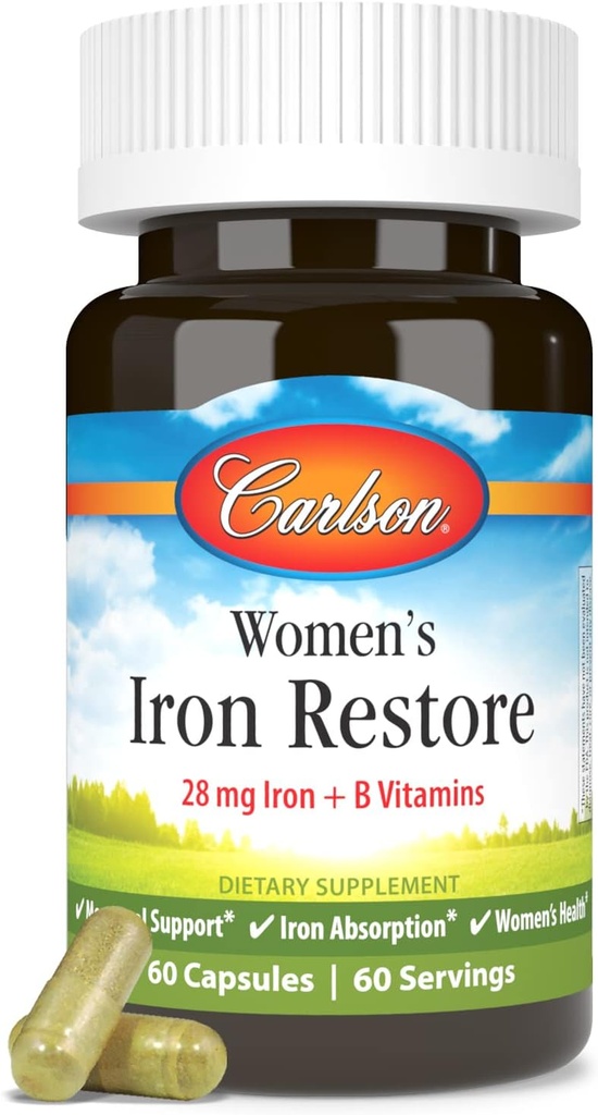 Carlson - Restauración de hierro femenino, 28 mg Vitaminas de hierro + B, Apoyo menstrual, Absorción de hierro " Salud de las mujeres, 60 cápsulas