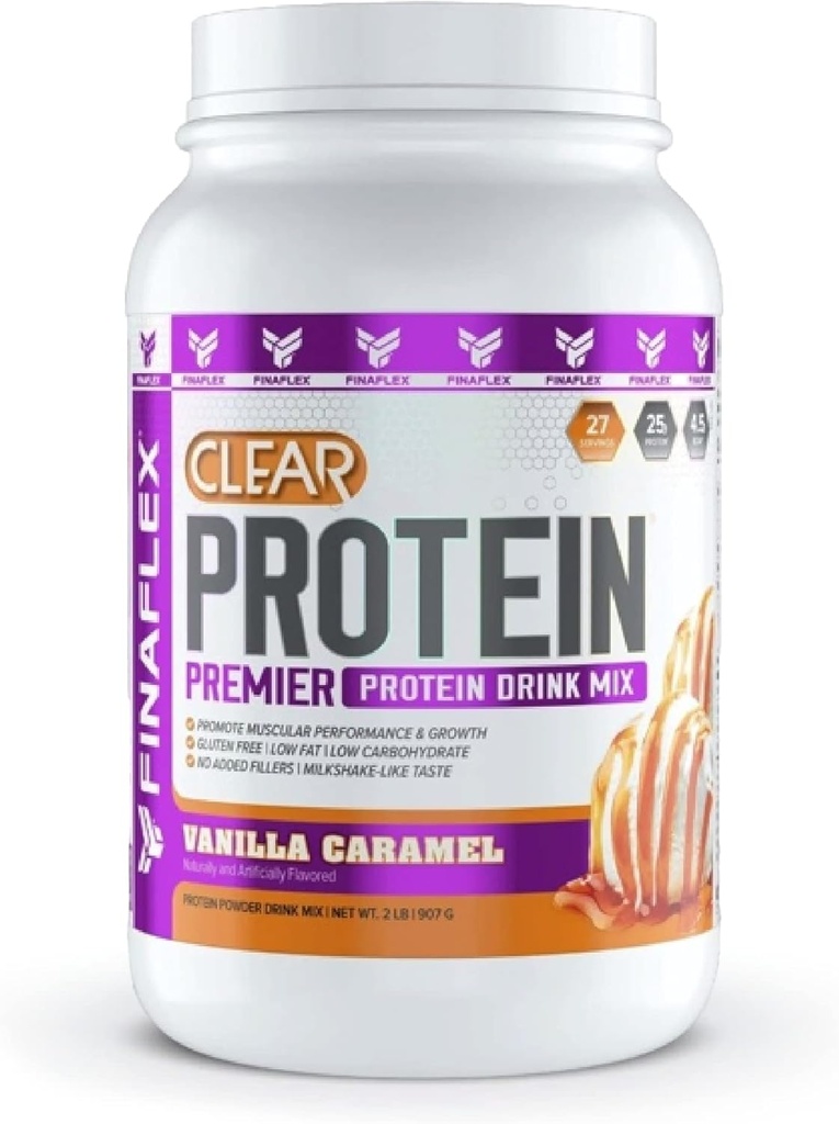 FINAFLEX Clear Protein, Vanilla Caramel - 2 lb - Promueve el rendimiento muscular &amp; Crecimiento - Milkshake-Like Taste - Bajo Carb, Bajo Grado &amp; Gluten Gratis - 27 Servimientos