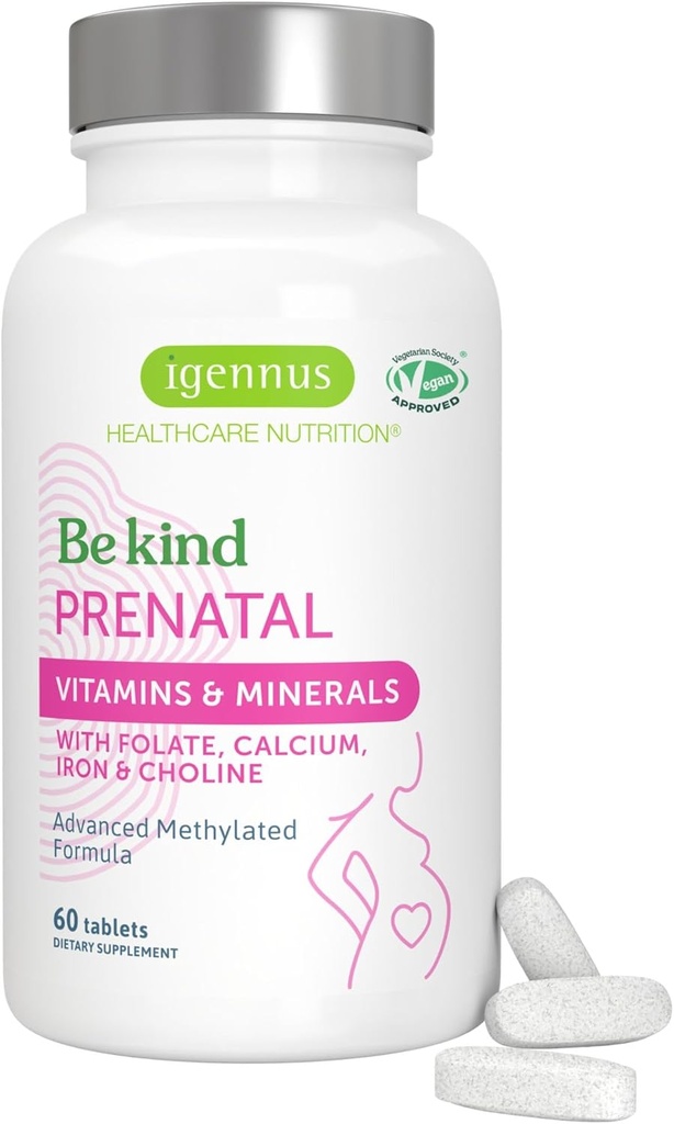 Igennus Methylated Prenatal Multivitamin for Women, Folate for MTHFR, High Absorption, Pure & Clean, Gentle Iron, Choline, Calcium & Magnesium, Vegan Pregnancy Vitamins, Halal, Non-GMO, 60 Tablets