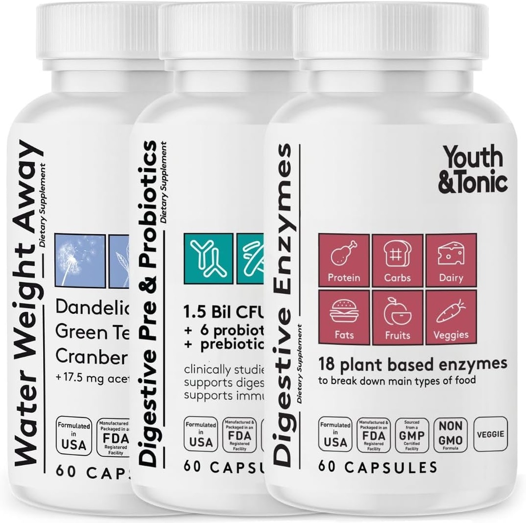 Juvenil &amp; Tonic Bloating Relief with Pre and Probiotics for Water Retention, Occasional Constipation, o Food Digestion with Water Pills and Digestive Enzymes Bundle Pack