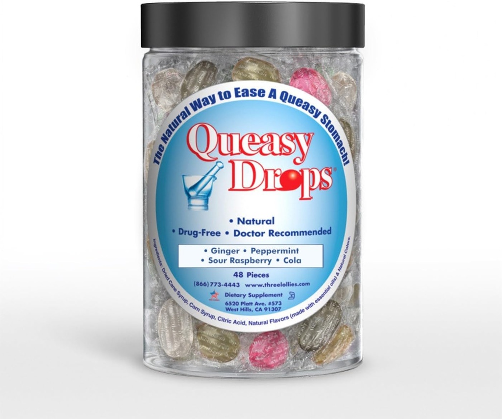 Three Lollies Queasy Drops- Supports Motion Sickness Relief. También embarazo y alivio de la enfermedad de la mañana. Stomach Settle Drops Assorted 48 Count