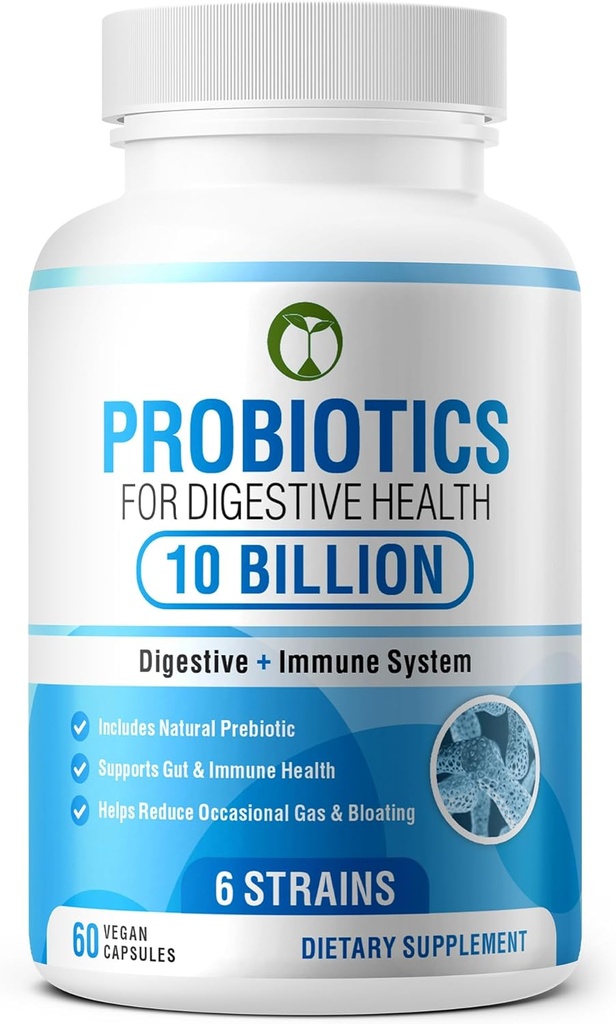 Probióticos para la salud digestiva 60 cápsulas ← 10 billón CFU Científicamente Formulado Multi Strain Probiotic Blend ← Suplementos orgánicos con prebióticos para hombres y mujeres (10 probióticos de billón)