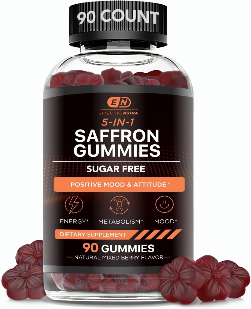 EFECTIVA NUTRA Saffron Gummies TENIDO Suplemento Libre de Azúcar con Vitamina D2, Flores de Pasión, Hierro de San Juan &amp; GABA TENIDO Mood Positivo, Digestión, Energía TENIDO Sabor de Berry Natural, Hecho en EE.UU. (90 Cuenta)