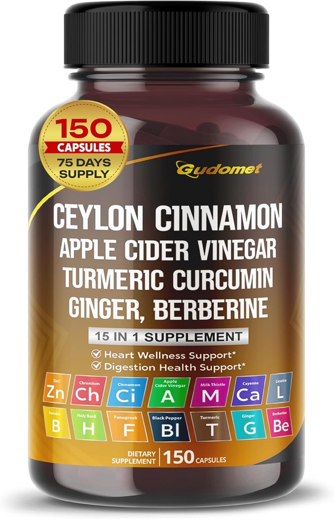 Ceylon Cinnamon Apple Sider Vinegar Turmeric Ginger Root Berberine Gymnema sylvestre Milk Thistle Licorice -150 Capsules- Made in USA