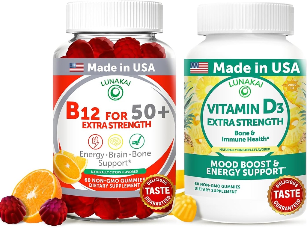 Lunakai USA Made Vitamin B12 &amp; D3 Gummies Bundle for Adults 50+, Supports Energy, Mood &amp; Immune Health, Non-GMO, Gluten-Free, Delicious Orange & Pineapple Flavors