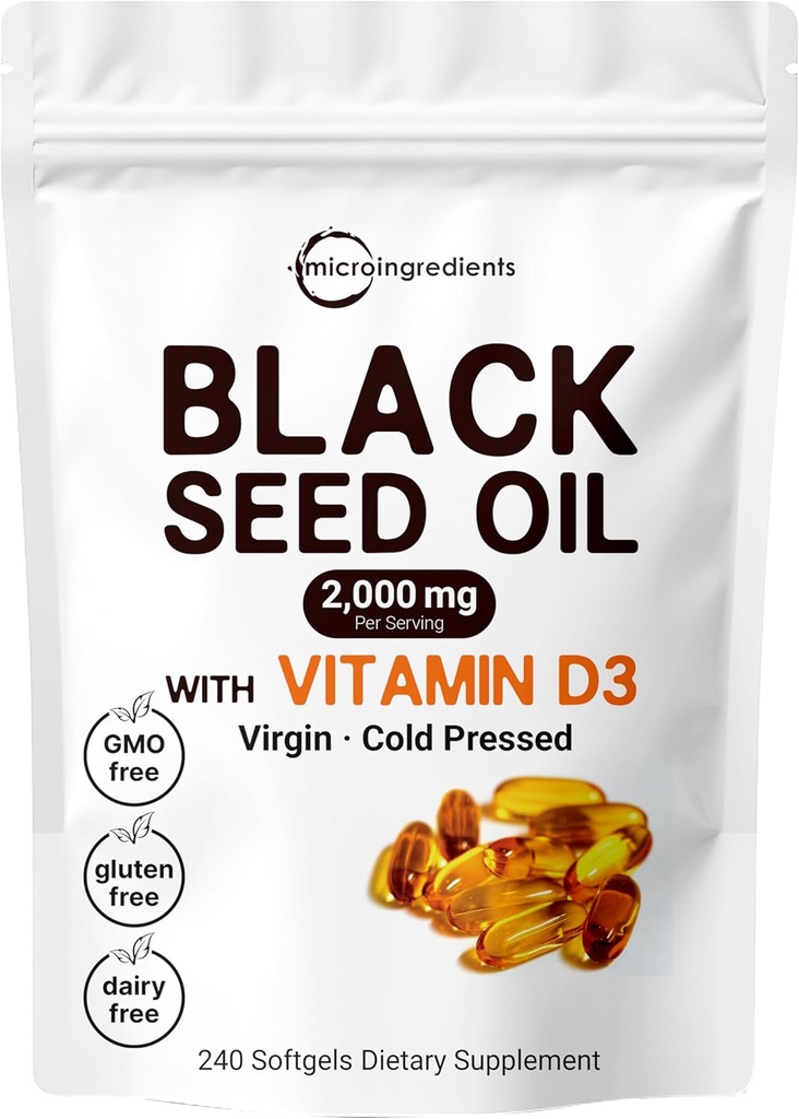 Micro Ingredients Black Seed Oil 2000 mg with Vitamin D3 1000 IU, 240 Softgels | Cold Pressed - Nigella Sativa Pills from Egypt, Virgin Oil, Odorless, Non-GMO & No Gluten