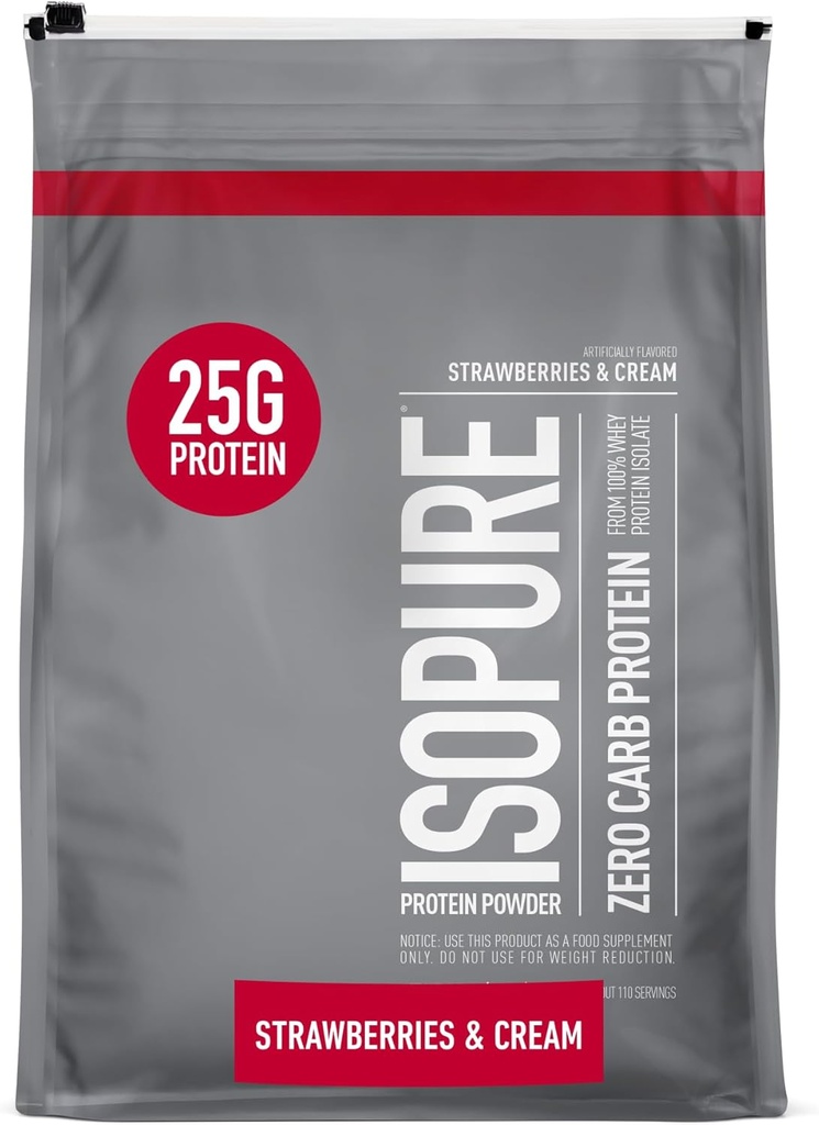 Isopure Zero Carb 100% Pure Whey Isolate Protein Powder, Lactose Free, Gluten Free, With Vitamins, Strawberries & Cream, 25g Protein Per Serving, 7.5 Lbs, 110 Servings (Packaging May Vary)
