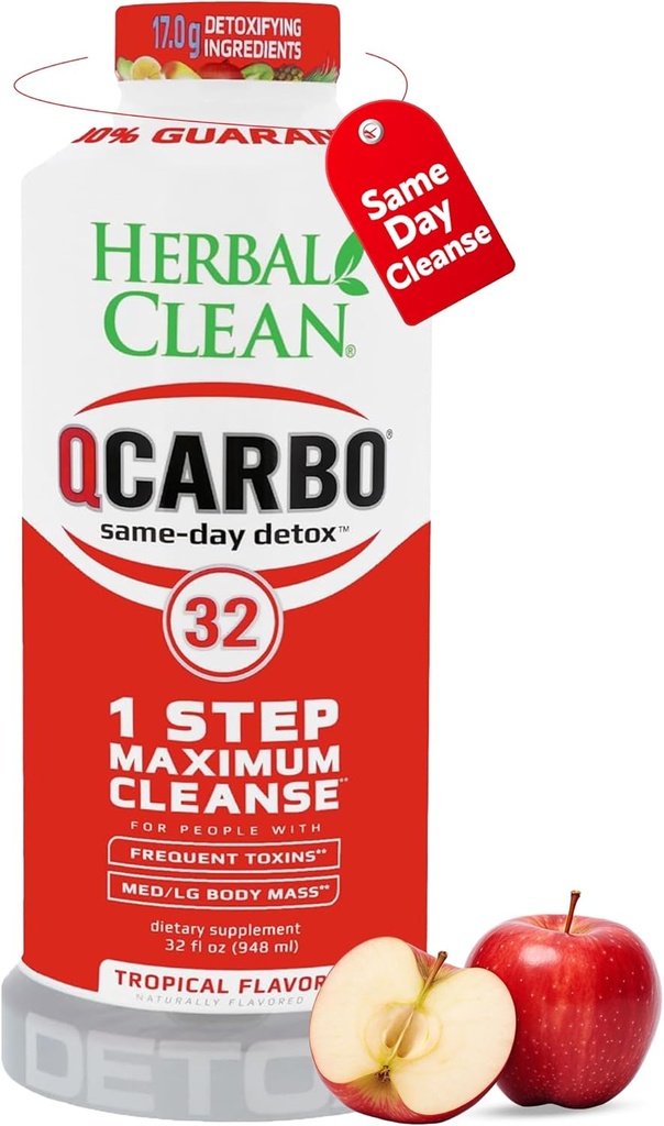 Herbal Clean Qcarbo32 Same-Day Detox Cleanse Drink (32 fl oz) - Tropical Flavor Full Body Cleanse* Detox Drink for Moderate Toxin Level*, Vitamin B2 and Vitamin B12 for Men & Women