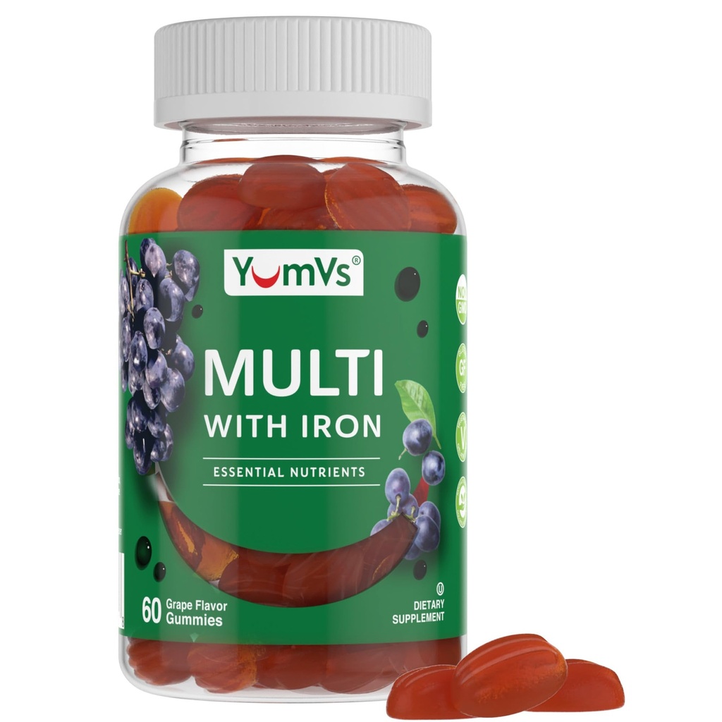 YUM-V'S Iron Gummies - Multivitamin Iron Supplement with Vitamin C, A, B & Zinc, Supports Blood Oxygen, Vegan Supplements for Women, Men &amp; Kids for Growth and Development - Grape Flavor ← 60 Count