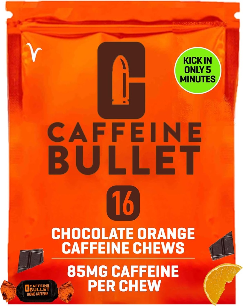 Caffeine Bullet Energy Chews - Chocolate Orange. 16 * 85mg - Más rápido Kick Than Pills, Gels & Gum. Sport Science for Running, Cycling, Gaming. Un Pre Workout Endurance Boost.