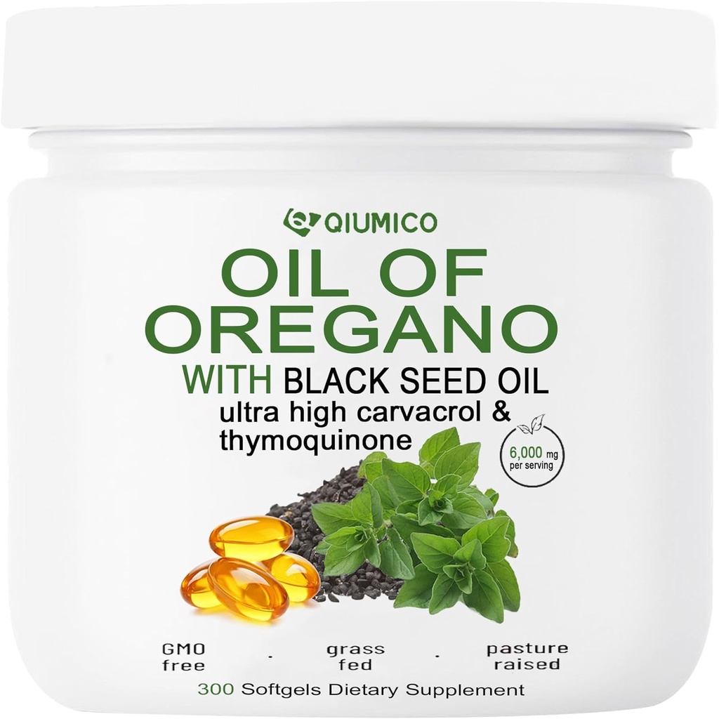 Óleo de orégano con aceite de semilla negra Softgels, Oregano Cápsulas de aceite orgánico, 2 en 1 6000mg aceite de orégano con aceite de semilla negro 200mg, 300 Conde