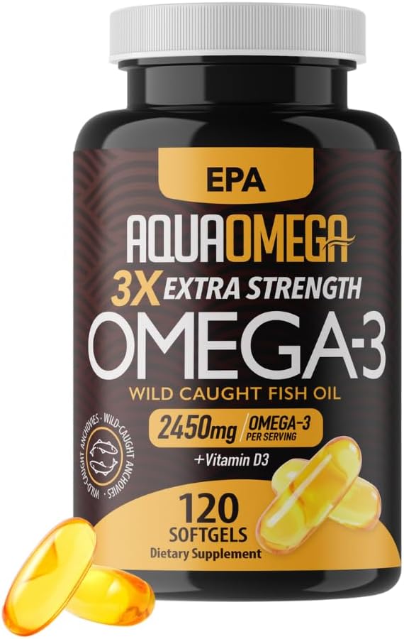 Triple fuerza Omega 3 suplementos de aceite de pescado, alta EPA aceite de pescado Omega 3 suplementos, EPA y DHA Omega3 ácidos grasos con vitamina D, suplemento Omega de alta potencia, 120 Softgels, desflavorado