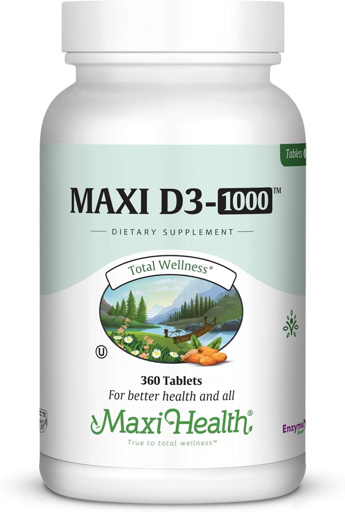 Maxi-Health Vitamina D3 1000 UI - para la función del músculo saludable, la salud ósea y el apoyo inmunológico – 360 Tabletas – Mejor suplemento de Kosher para adultos
