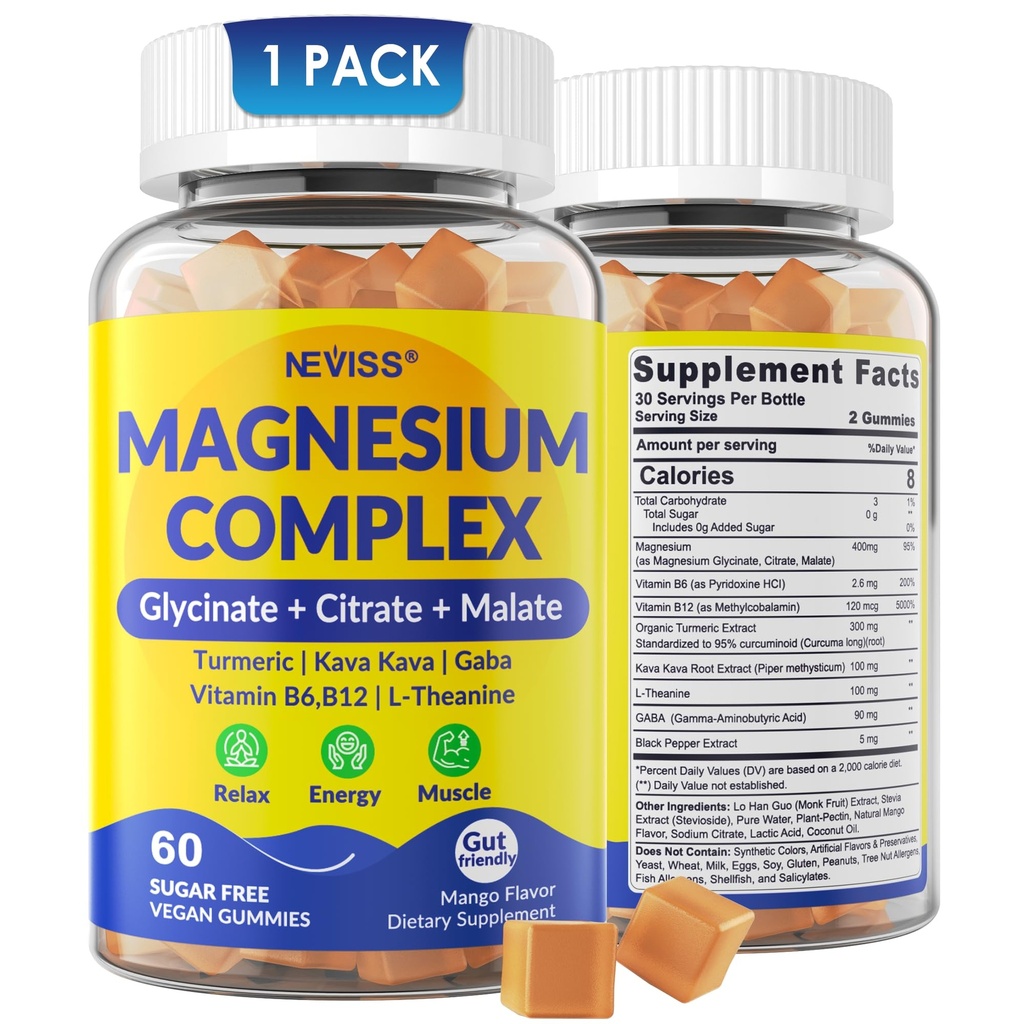 Magnesium Complex Gummies 400mg, Magneisum Glycinate Citrate Malate + Turmeric, GABA, B6 B12, Kava Kava, L-Theanine for Sleep, Calm, Relax, Energy, Magnesium Gummies for Women Men, Vegan, 60 Cts