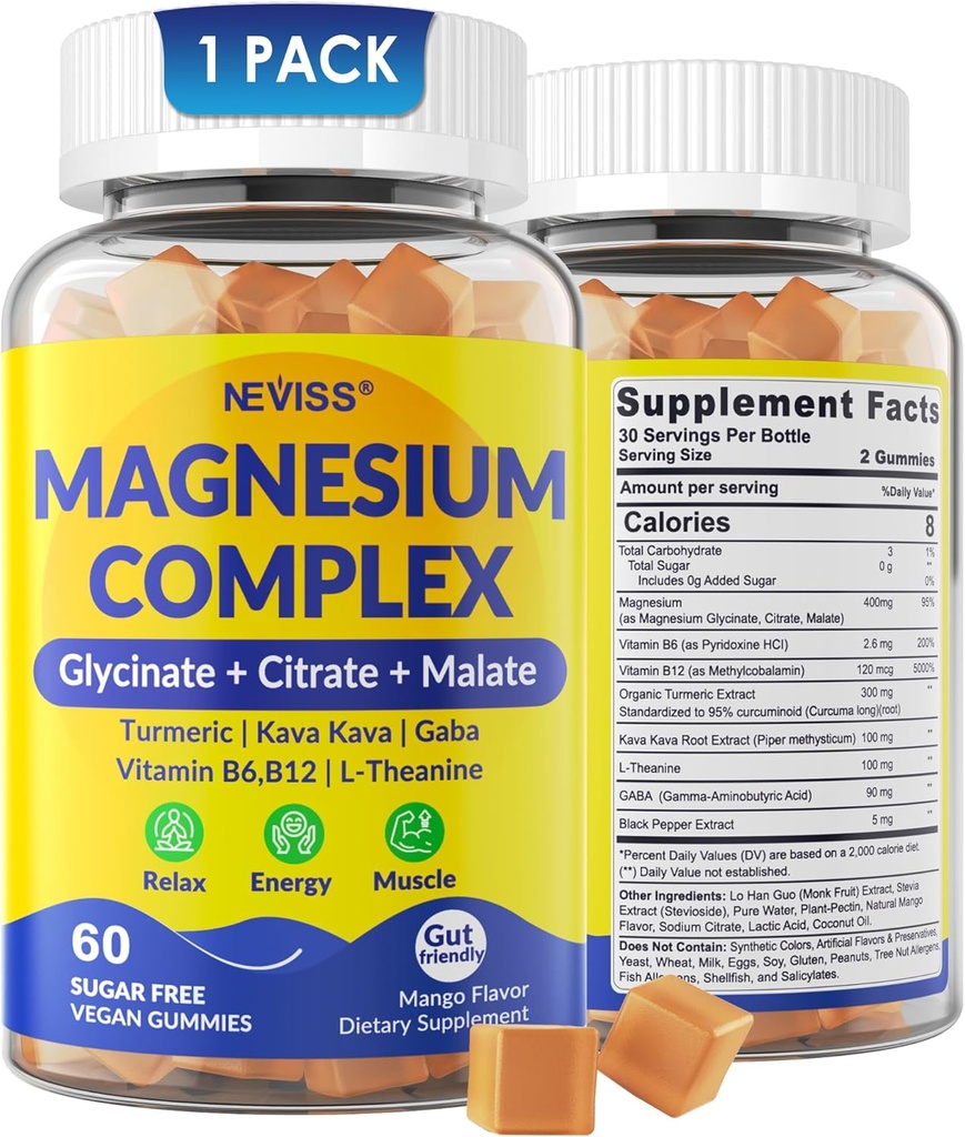 Magnesium Complex Gummies 400mg, Magneisum Glycinate Citrate Malate + Turmeric, GABA, B6 B12, Kava Kava, L-Theanine for Sleep, Calm, Relaxation, Energy, Magnesium Gummies for Women Men, Vegan, 60 Cts